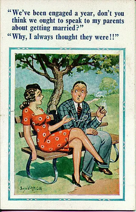 : Comic postcard, Engaged couple sitting on a bench Date: 20th century : Comic postcard, Engaged couple sitting on a bench Date: 20th century