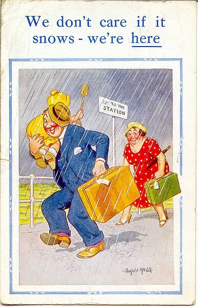 Comic postcard, Family arriving at the seaside in the rain Date: 20th century