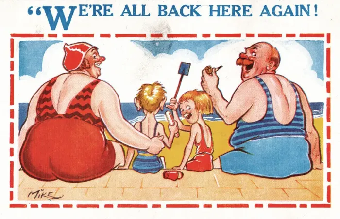 Framed Print : Comic postcard, Family of four on the beach Date: 20th century Framed Print : Comic postcard, Family of four on the beach Date: 20th century