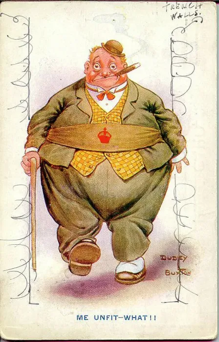 Framed Print : Comic postcard, Fat man after his army medical. A Derby Scheme armband tied round his waist shows that he is signed up and ready for active service, as and when required, despite his excess weight. Date: circa 1915 Framed Print : Comic postcard, Fat man after his army medical. A Derby Scheme armband tied round his waist shows that he is signed up and ready for active service, as and when required, despite his excess weight. Date: circa 1915