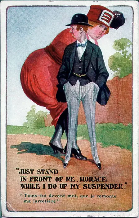 Framed Print : Comic postcard, Fat woman hides behind thin man - Just stand in front of me, Horace, while I do up my suspender. Date: early 20th century Framed Print : Comic postcard, Fat woman hides behind thin man - Just stand in front of me, Horace, while I do up my suspender. Date: early 20th century