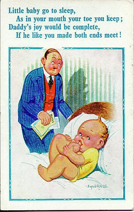 : Comic postcard, Father with baby, worried about money. Date: 20th century : Comic postcard, Father with baby, worried about money. Date: 20th century