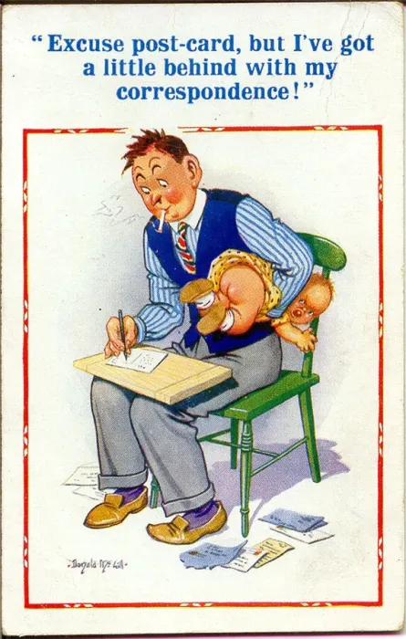 Framed Print : Comic postcard, father with baby, writing a card Date: 20th century Framed Print : Comic postcard, father with baby, writing a card Date: 20th century