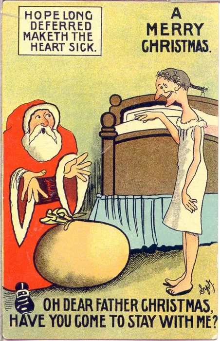Framed Print : Comic postcard, Father Christmas and Old Maid Date: early 20th century Framed Print : Comic postcard, Father Christmas and Old Maid Date: early 20th century