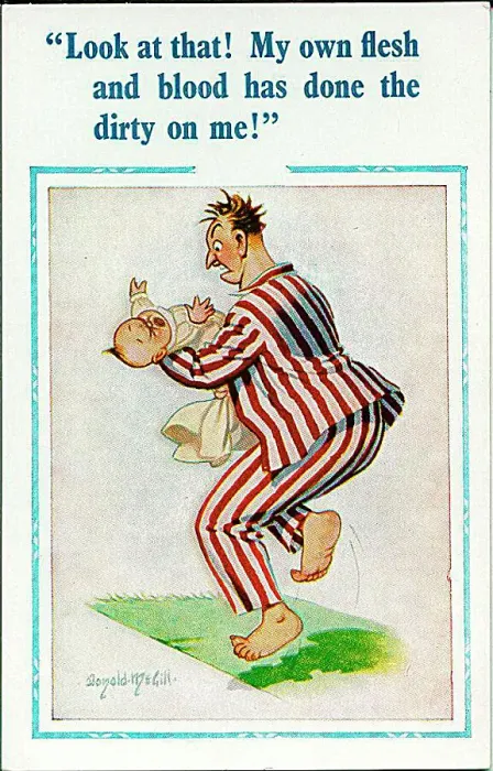 : Comic postcard, Father holds crying baby Date: 20th century : Comic postcard, Father holds crying baby Date: 20th century