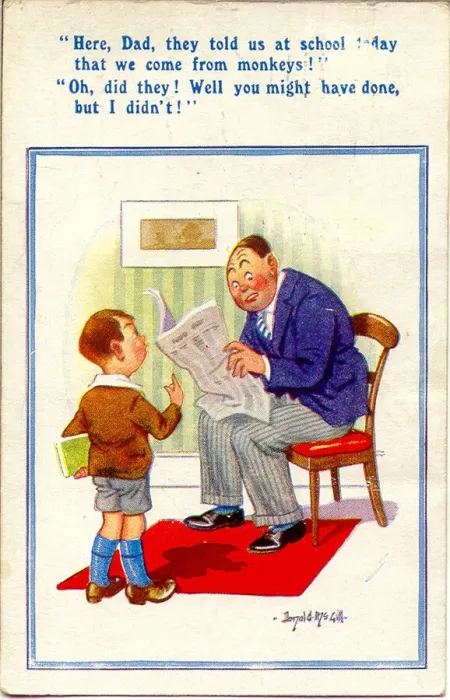 Framed Print : Comic postcard, Father and son discuss evolution Framed Print : Comic postcard, Father and son discuss evolution