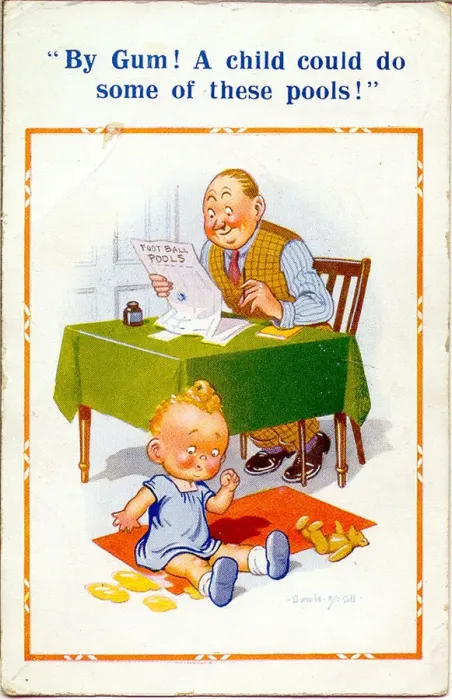 Framed Print : Comic postcard, Father and son doing the pools