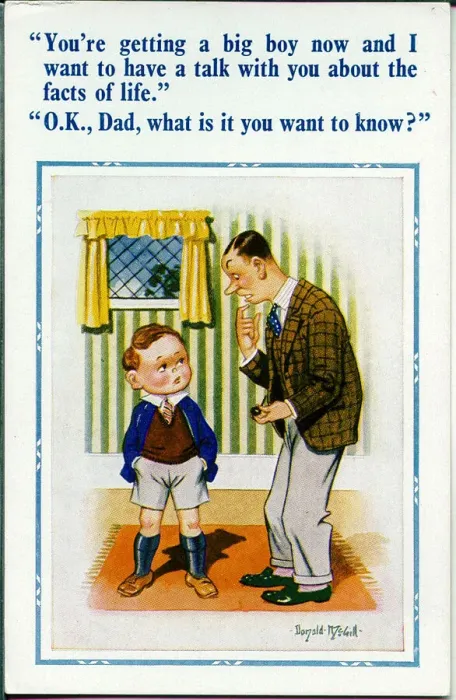Framed Print : Comic postcard, Father and son, facts of life Date: 20th century Framed Print : Comic postcard, Father and son, facts of life Date: 20th century