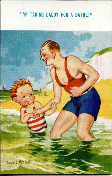 Framed Print : Comic postcard, Father and son in the sea Date: 20th century Framed Print : Comic postcard, Father and son in the sea Date: 20th century