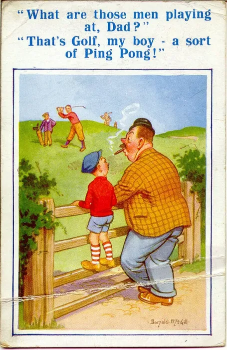 Framed Print : Comic postcard, Father and son watch golfers Date: 20th century Framed Print : Comic postcard, Father and son watch golfers Date: 20th century