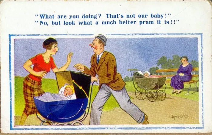 Framed Print : Comic postcard, Father takes the wrong pram Date: 20th century Framed Print : Comic postcard, Father takes the wrong pram Date: 20th century