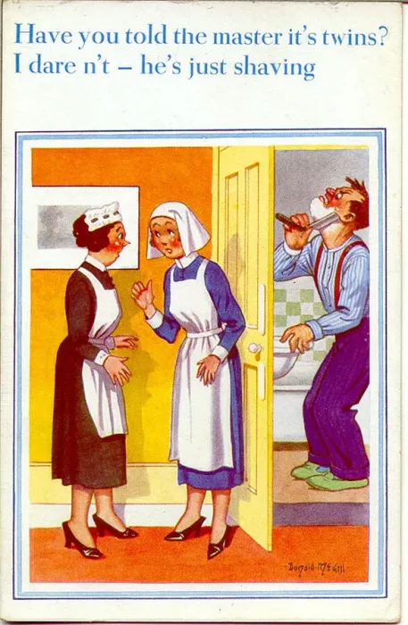 Framed Print : Comic postcard, Father of twins shaving Framed Print : Comic postcard, Father of twins shaving