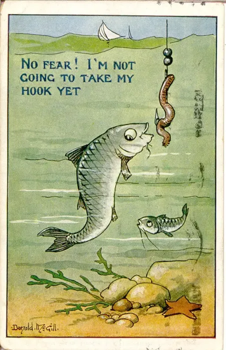 Framed Print : Comic postcard, Fish avoids worm and hook Date: 20th century Framed Print : Comic postcard, Fish avoids worm and hook Date: 20th century