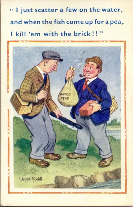 Framed Print : Comic postcard, fishing strategies Date: 20th century Framed Print : Comic postcard, fishing strategies Date: 20th century