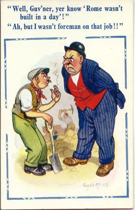 Framed Print : Comic postcard, Foreman and workman Date: 20th century Framed Print : Comic postcard, Foreman and workman Date: 20th century