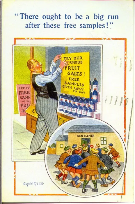 Framed Print : Comic postcard, Free samples of fruit salts, and the result Date: 20th century Framed Print : Comic postcard, Free samples of fruit salts, and the result Date: 20th century