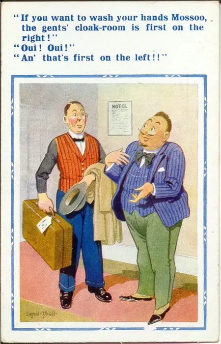 Framed Print : Comic postcard, French guest and hotel porter Date: 20th century Framed Print : Comic postcard, French guest and hotel porter Date: 20th century
