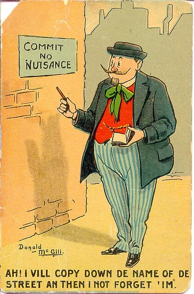 Comic postcard, French man notes down street name