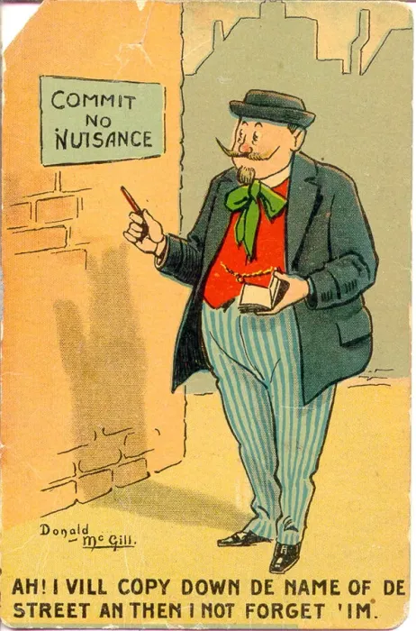 Framed Print : Comic postcard, French man notes down street name Framed Print : Comic postcard, French man notes down street name
