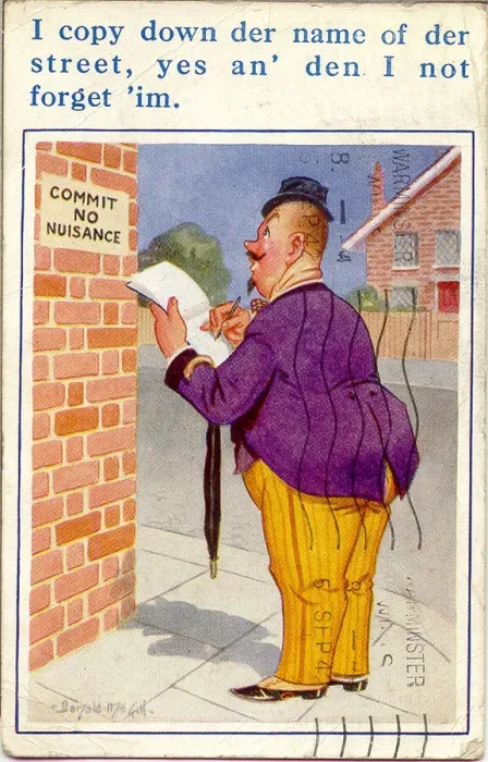 Framed Print : Comic postcard, French man notes down street name - Commit No Nuisance Date Framed Print : Comic postcard, French man notes down street name - Commit No Nuisance Date