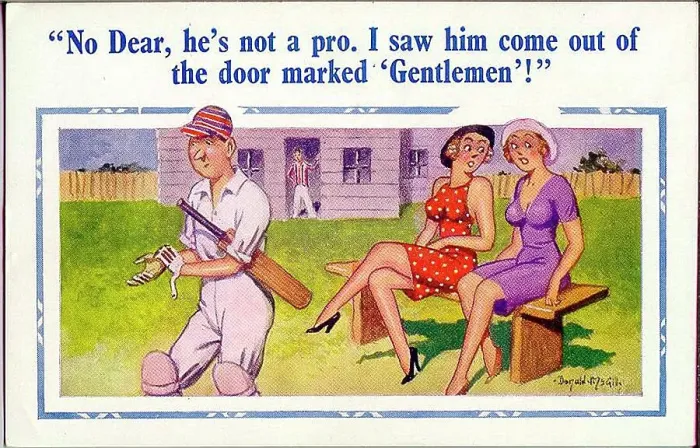 Framed Print : Comic postcard, Gentleman or player? Women discuss cricketer. Date: 20th century Framed Print : Comic postcard, Gentleman or player? Women discuss cricketer. Date: 20th century