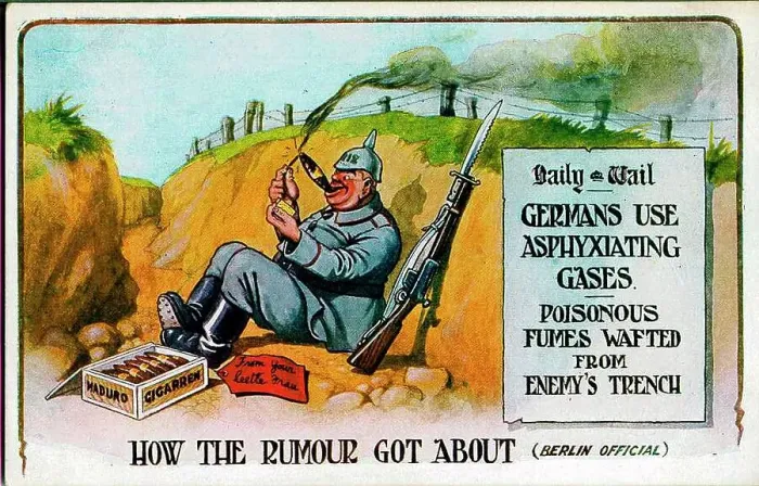 Framed Print : Comic postcard, German soldier with cigar - How the rumour got about (Berlin official). Date: 1914-1918 Framed Print : Comic postcard, German soldier with cigar - How the rumour got about (Berlin official). Date: 1914-1918