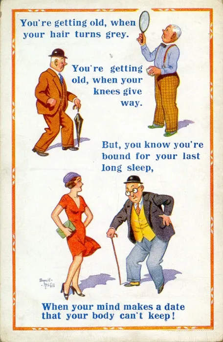Framed Print : Comic postcard, Getting old Date: 20th century Framed Print : Comic postcard, Getting old Date: 20th century