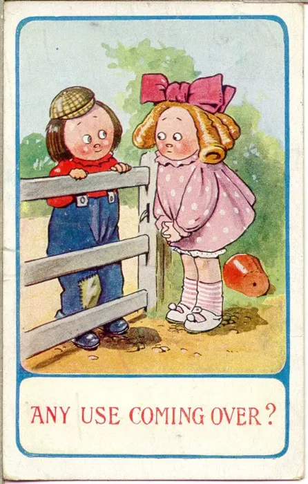 Framed Print : Comic postcard, Girl and boy chat over a gate Date: 20th century Framed Print : Comic postcard, Girl and boy chat over a gate Date: 20th century