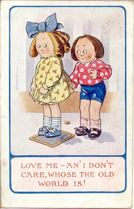 Framed Print : Comic postcard, Girl and boy courtship scene Date: 20th century Framed Print : Comic postcard, Girl and boy courtship scene Date: 20th century