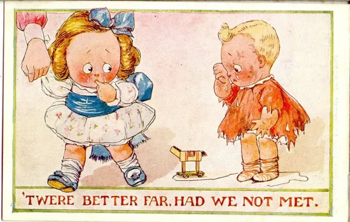 Framed Print : Comic postcard, Girl and boy falling out over broken toy Date: 20th century Framed Print : Comic postcard, Girl and boy falling out over broken toy Date: 20th century
