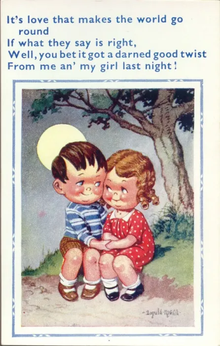 Framed Print : Comic postcard, Girl and boy holding hands in the moonlight Date: 20th century Framed Print : Comic postcard, Girl and boy holding hands in the moonlight Date: 20th century