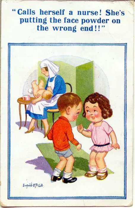 Framed Print : Comic postcard, Girl and boy, nurse and baby Framed Print : Comic postcard, Girl and boy, nurse and baby