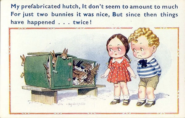 Comic postcard, Girl and boy with overflowing rabbit hutch Date: 20th century
