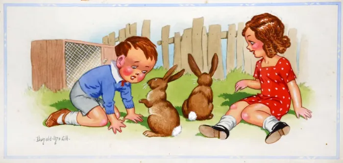 Framed Print : Comic postcard, Girl and boy with rabbits Framed Print : Comic postcard, Girl and boy with rabbits