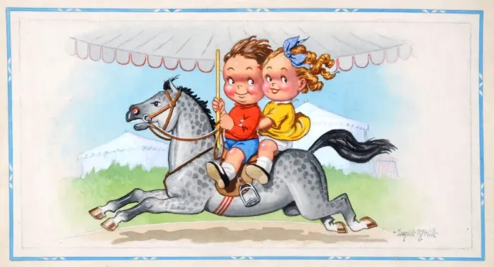 Framed Print : Comic postcard, Girl and boy riding on a roundabout horse Date: 20th century Framed Print : Comic postcard, Girl and boy riding on a roundabout horse Date: 20th century