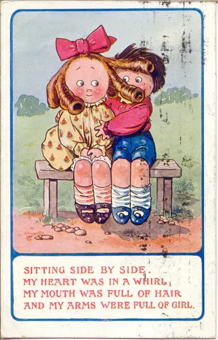 Framed Print : Comic postcard, Girl and boy sitting on a bench Date: 20th century