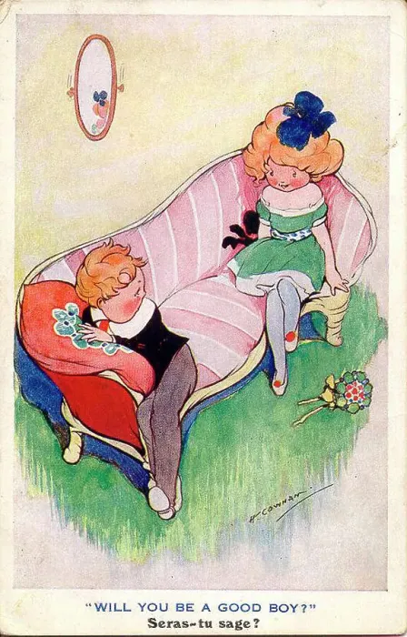 Framed Print : Comic postcard, girl and boy on a sofa - Will you be a good boy? Date: circa 1930s Framed Print : Comic postcard, girl and boy on a sofa - Will you be a good boy? Date: circa 1930s