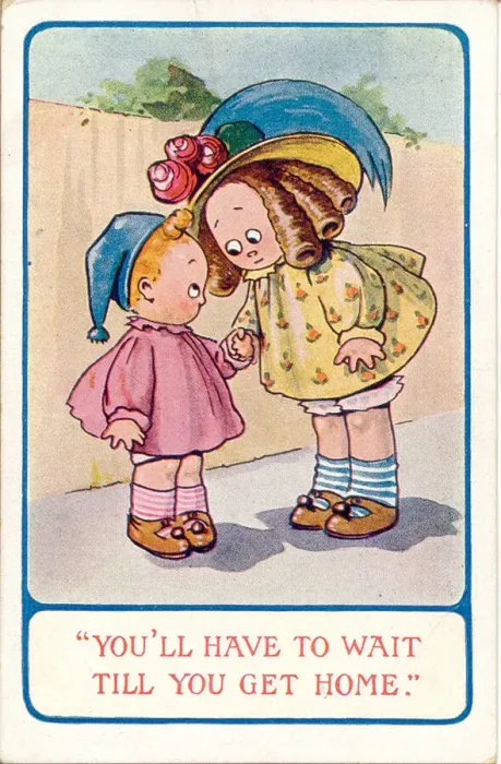 Framed Print : Comic postcard, Girl and boy walking home Date: 20th century Framed Print : Comic postcard, Girl and boy walking home Date: 20th century