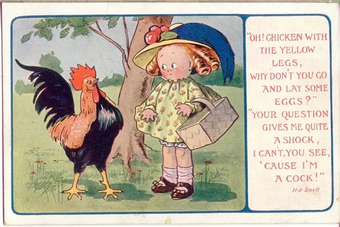 Framed Print : Comic postcard, Girl chats with cockerel - rhyme by H J Snell Date: 20th century Framed Print : Comic postcard, Girl chats with cockerel - rhyme by H J Snell Date: 20th century