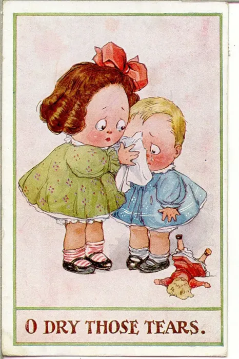 Framed Print : Comic postcard, Girl comforts crying boy Date: 20th century Framed Print : Comic postcard, Girl comforts crying boy Date: 20th century