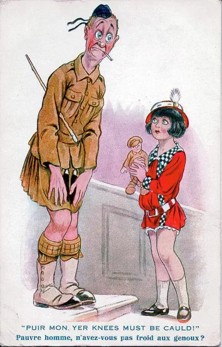 Framed Print : Comic postcard, Girl pities Scottish soldier - Puir mon, yer knees must be cauld! Date: 1914-1918 Framed Print : Comic postcard, Girl pities Scottish soldier - Puir mon, yer knees must be cauld! Date: 1914-1918