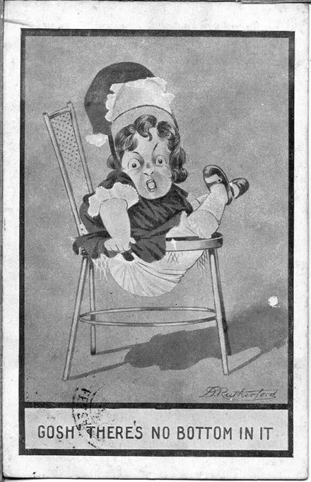 Framed Print : Comic postcard, Girl slips through chair Date: early 20th century Framed Print : Comic postcard, Girl slips through chair Date: early 20th century
