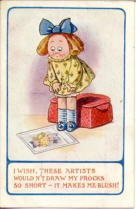 Framed Print : Comic postcard, Girl unhappy with artists portrait Date: 20th century Framed Print : Comic postcard, Girl unhappy with artists portrait Date: 20th century