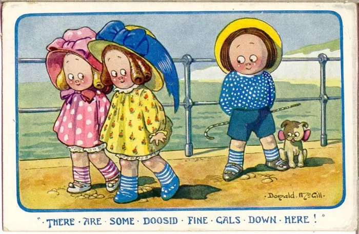 Framed Print : Comic postcard, Two girls and a boy at the seaside Date: 20th century Framed Print : Comic postcard, Two girls and a boy at the seaside Date: 20th century