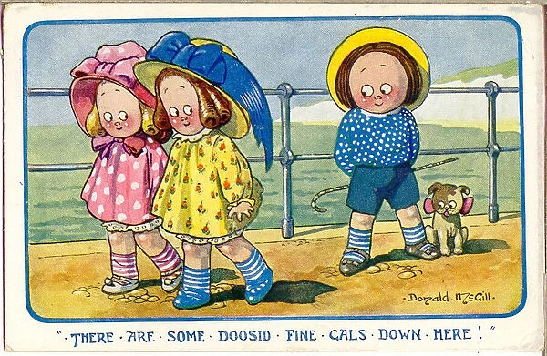 Comic postcard, Two girls and a boy at the seaside Date: 20th century