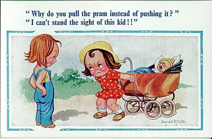 : Comic postcard, Girls with crying baby in a pram Date: 20th century : Comic postcard, Girls with crying baby in a pram Date: 20th century