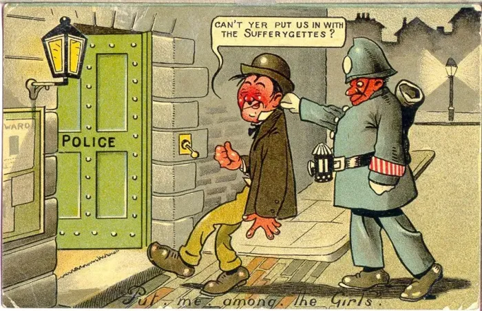 Framed Print : Comic postcard, Put me among the girls - Drunkard arrested. Date: early 20th century Framed Print : Comic postcard, Put me among the girls - Drunkard arrested. Date: early 20th century