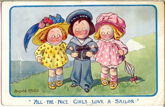 Framed Print : Comic postcard, Two girls with a sailor Date: 20th century Framed Print : Comic postcard, Two girls with a sailor Date: 20th century