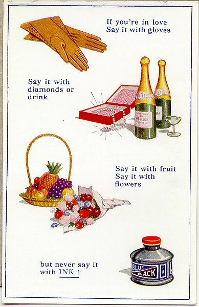 Comic postcard, Gloves, diamonds, drink, fruit, flowers and ink Date: 20th century