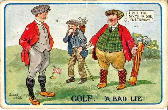 Framed Print : Comic postcard, Golfer tells a lie, and everybody knows it Date: 20th century Framed Print : Comic postcard, Golfer tells a lie, and everybody knows it Date: 20th century